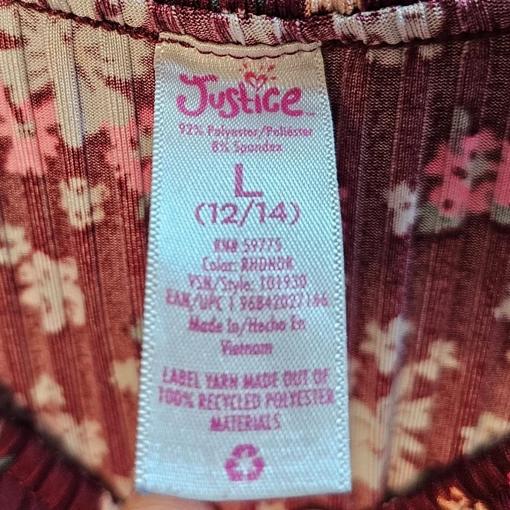 Justice Girls Floral Ribbed Jumpsuit Burgundy‎ Maroon Ruffle Wide Leg Size 12/14